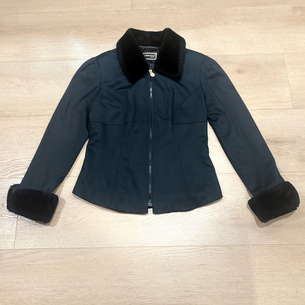 Roccobarocco Black Vintage Lined Jacket w Fur Trim Shoulder Pads and Back Lacing